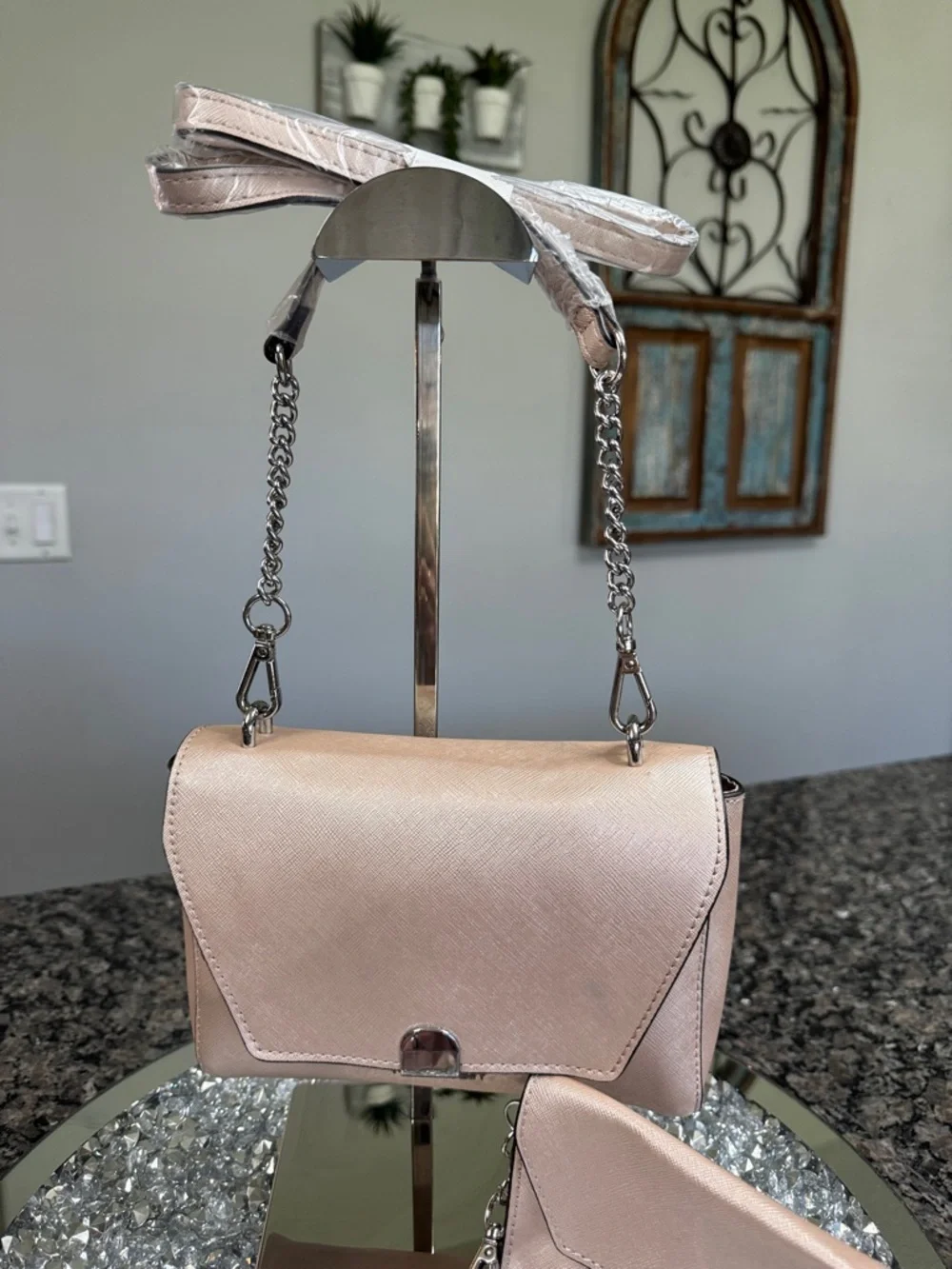Nine West Rose Blush metallic Crossbody Bag with Matching Card Case NEW